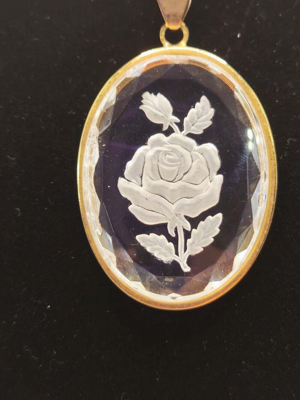 VTG Clear Lucite Reverse Carved Rose Pendant on Gold Tone Chain